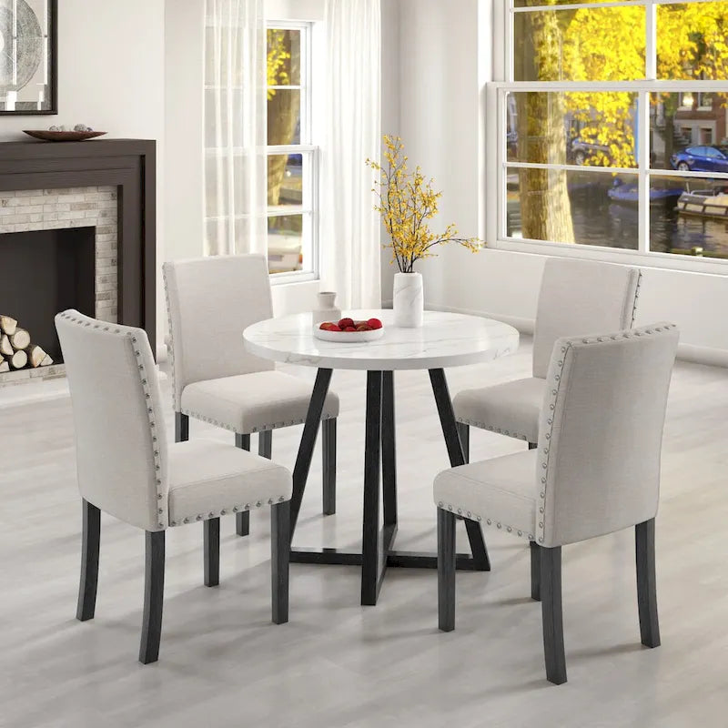Ensemble de salle à manger cinq pièces avec table en imitation marbre et chaises en bois massif