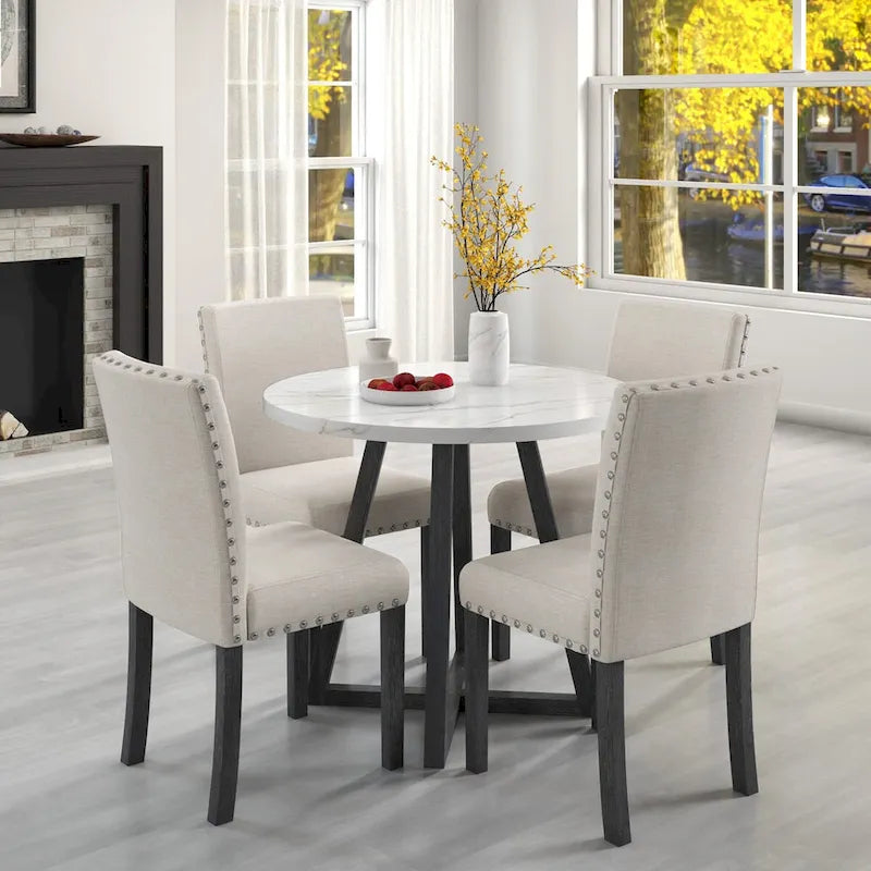 Ensemble de salle à manger cinq pièces avec table en imitation marbre et chaises en bois massif