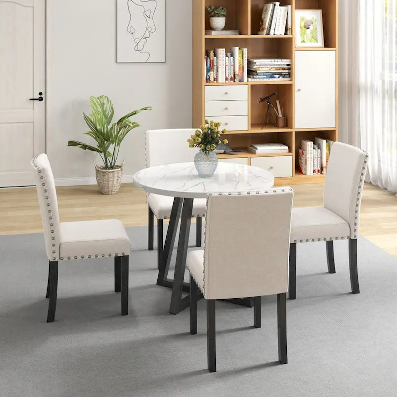 Ensemble de salle à manger cinq pièces avec table en imitation marbre et chaises en bois massif