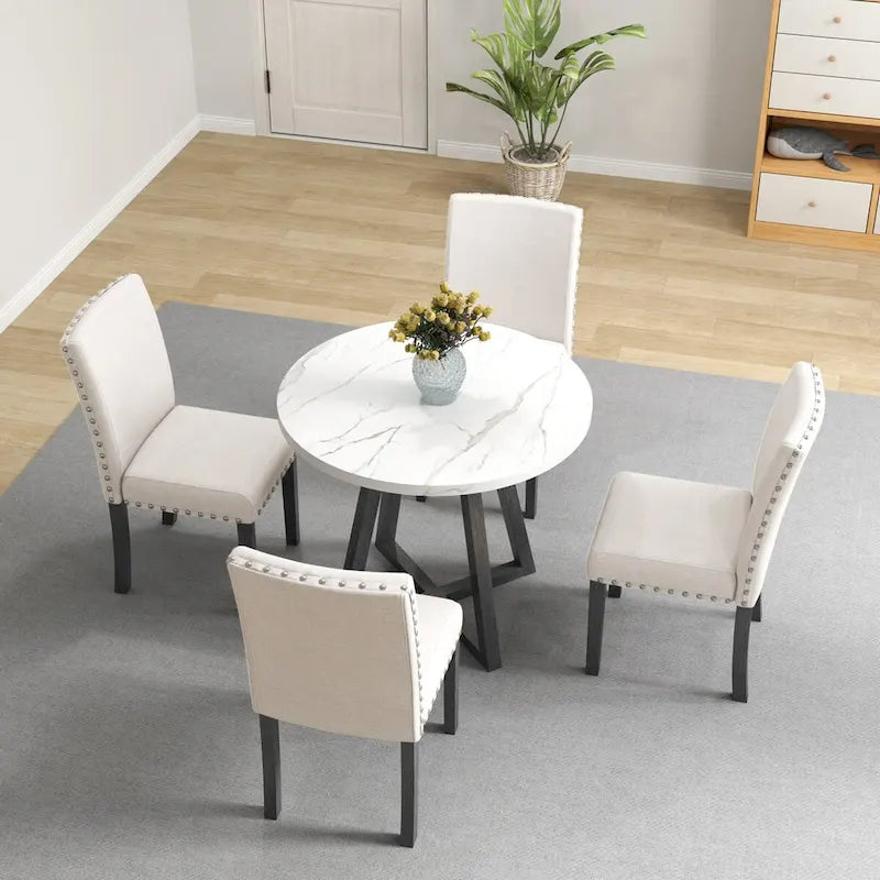 Ensemble de salle à manger cinq pièces avec table en imitation marbre et chaises en bois massif