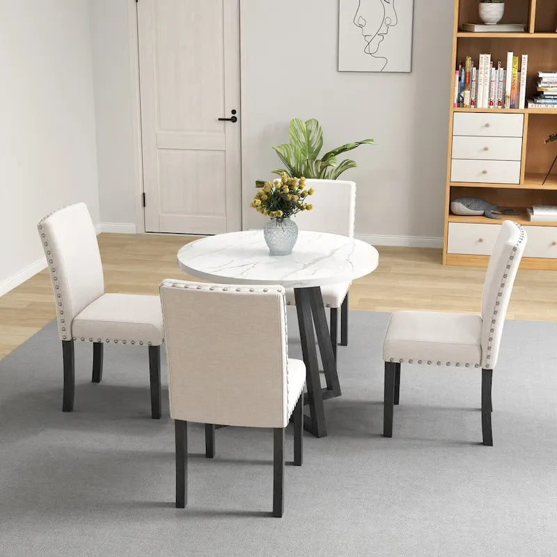 Ensemble de salle à manger cinq pièces avec table en imitation marbre et chaises en bois massif
