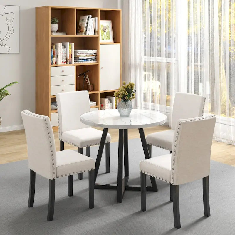 Ensemble de salle à manger cinq pièces avec table en imitation marbre et chaises en bois massif