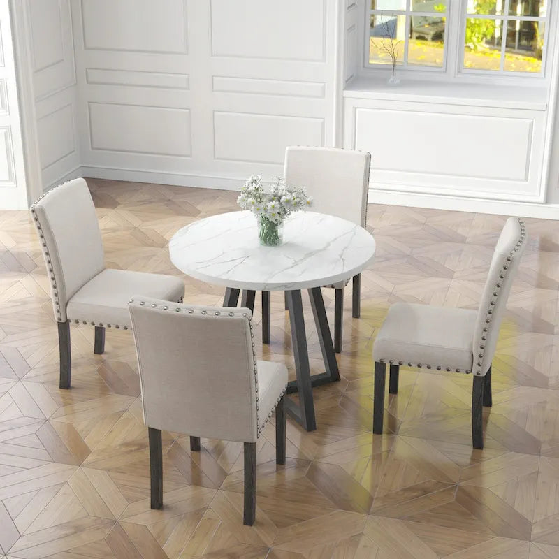 Ensemble de salle à manger cinq pièces avec table en imitation marbre et chaises en bois massif