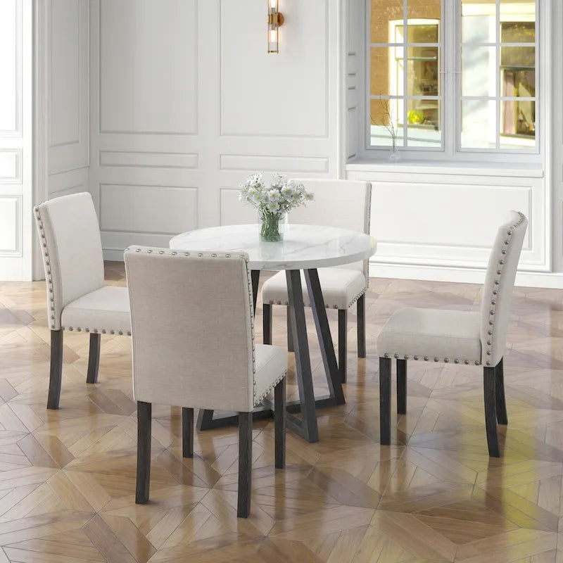 Ensemble de salle à manger cinq pièces avec table en imitation marbre et chaises en bois massif