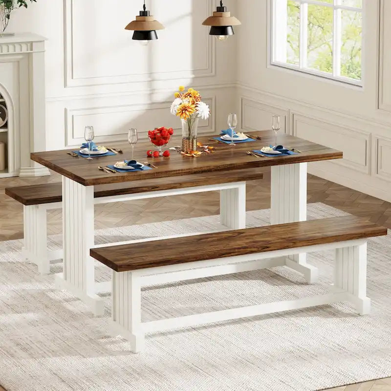 Ensemble table à manger de style ferme en bois massif de 47 pouces (avec 2 bancs)
