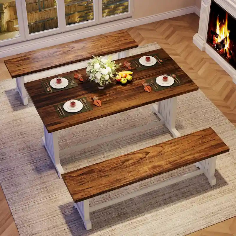 Ensemble table à manger de style ferme en bois massif de 47 pouces (avec 2 bancs)