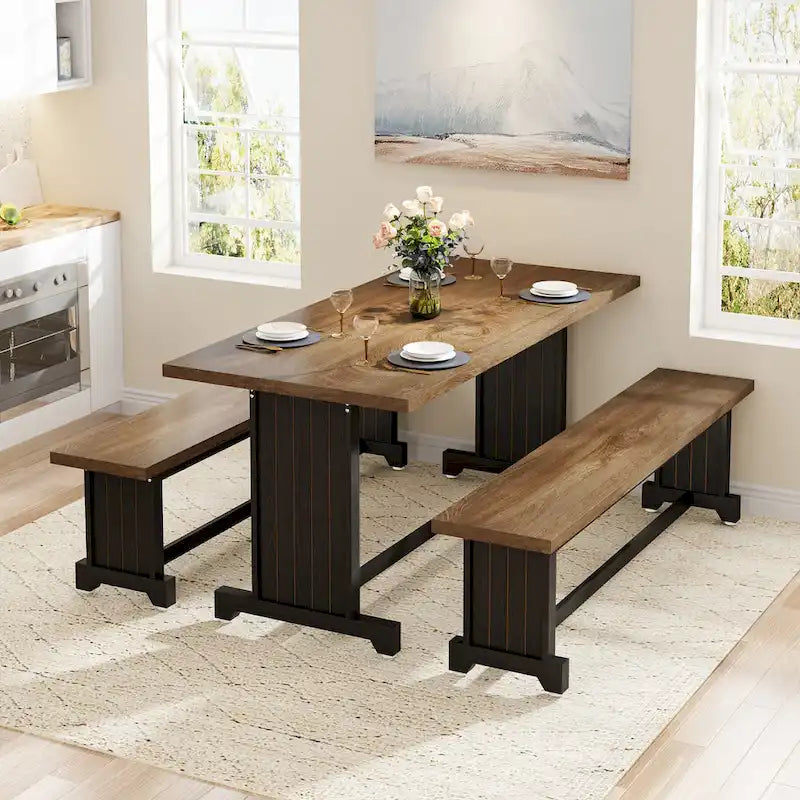 Ensemble table à manger de style ferme en bois massif de 47 pouces (avec 2 bancs)