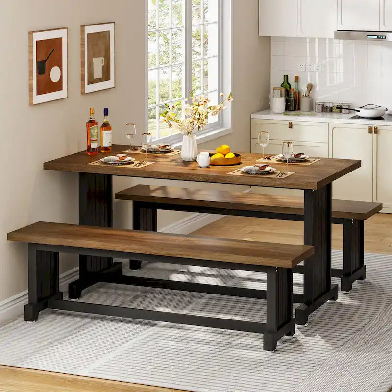 Ensemble table à manger de style ferme en bois massif de 47 pouces (avec 2 bancs)