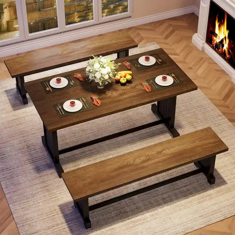 Ensemble table à manger de style ferme en bois massif de 47 pouces (avec 2 bancs)