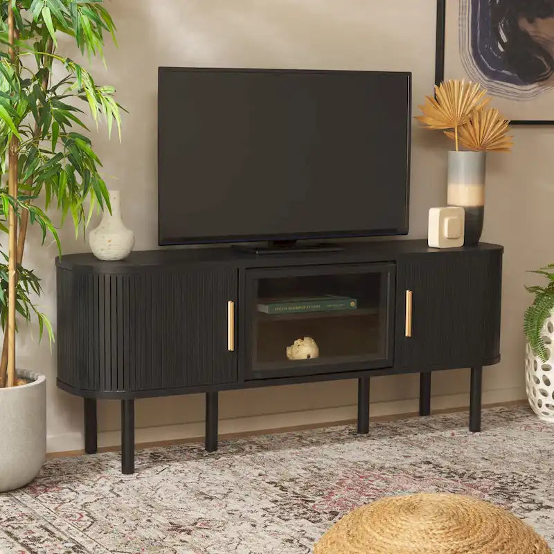 Meuble TV 2 portes tambour et 1 porte vitrée - 59Lx15Px24H