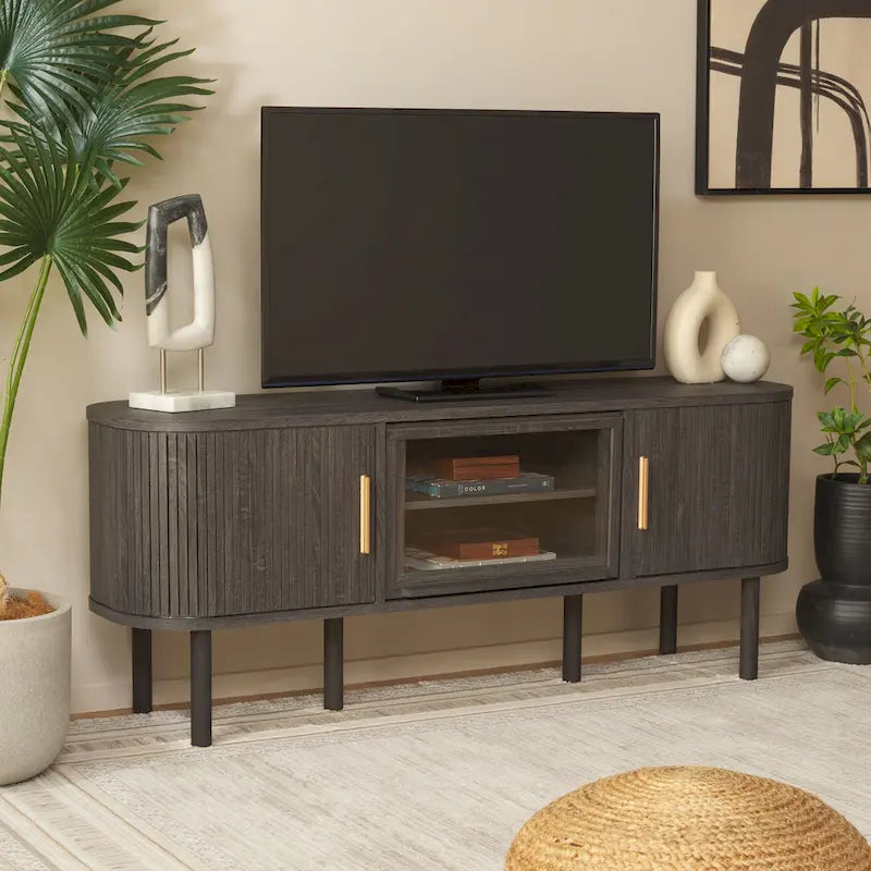 Meuble TV 2 portes tambour et 1 porte vitrée - 59Lx15Px24H