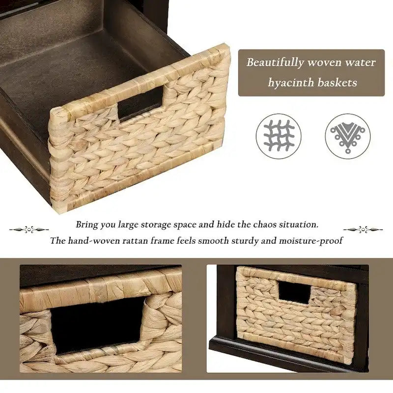 Banc de rangement rustique avec 3 tiroirs et 3 paniers en rotin, banc à chaussures pour salon, entrée